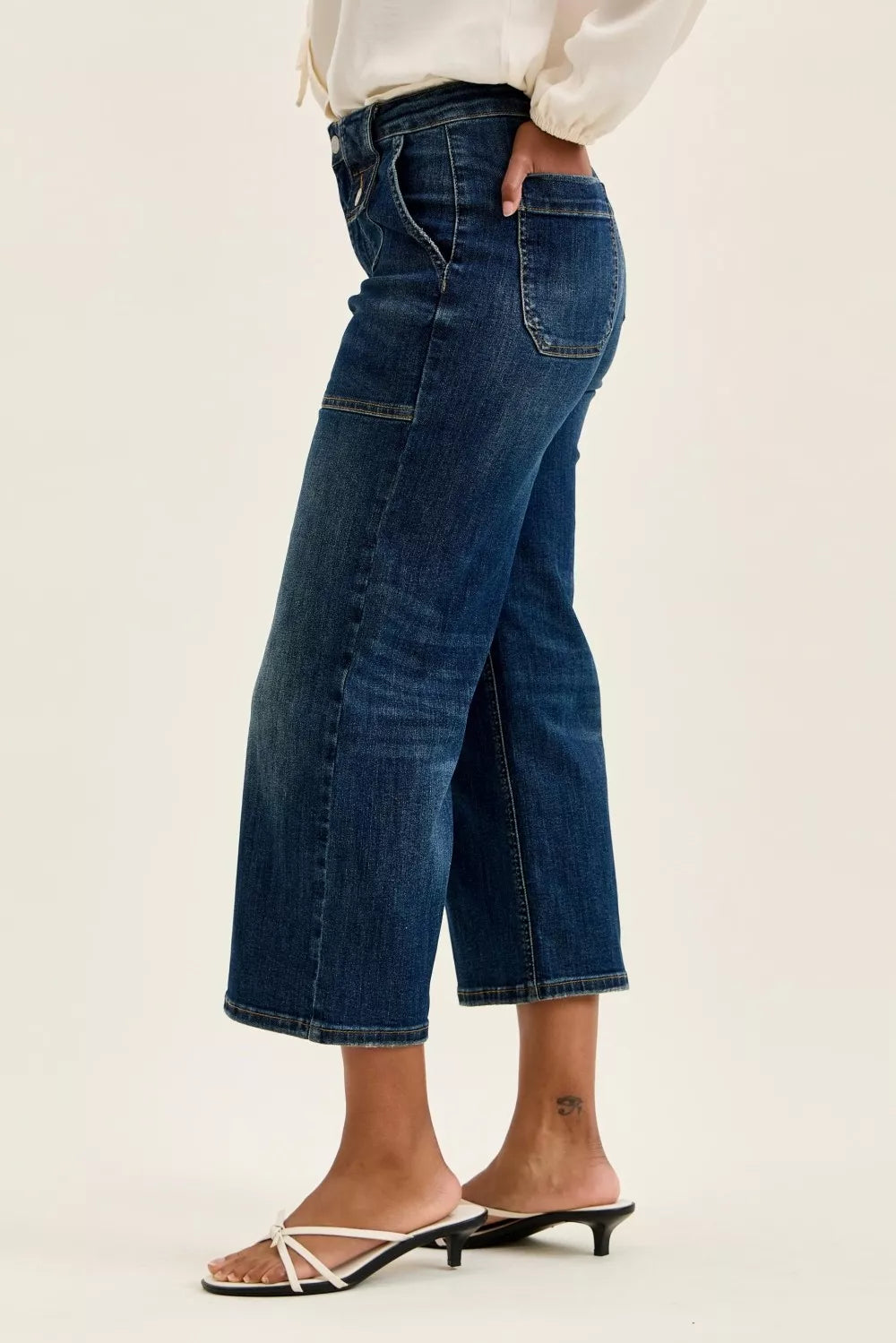 High Waist Wide Crop Utility Jeans with Patch Pocket Judy Blue