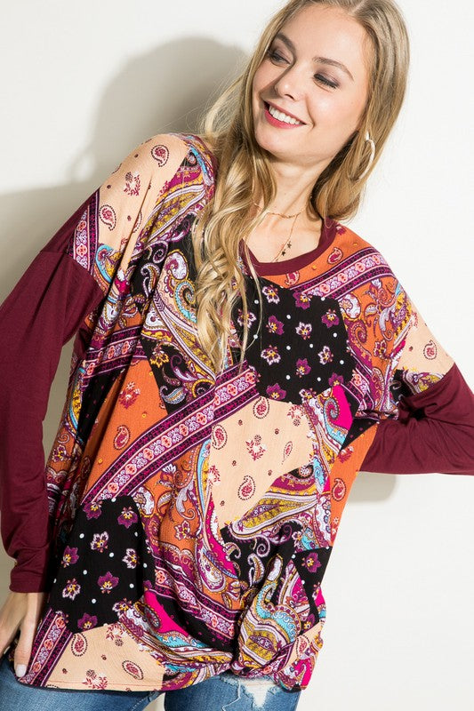 Paisley Mixed Boxy Top - Plus e Luna Wine 1X 