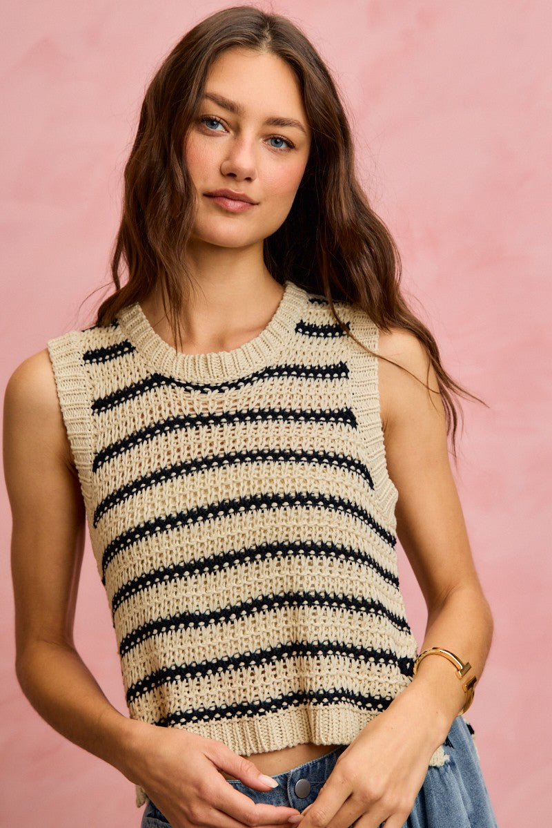 Low Gauge Textured Stripe Sleeveless Sweater Top So Me