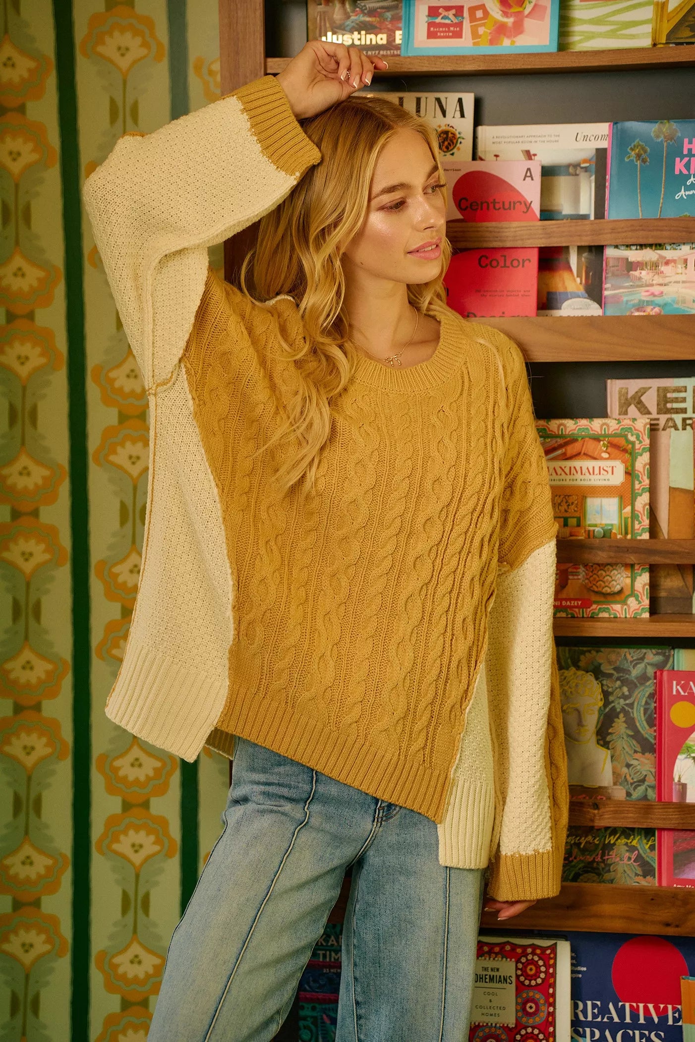 Cable Knit With Hacci Combo Sweater With Uneven Hem Detail BiBi