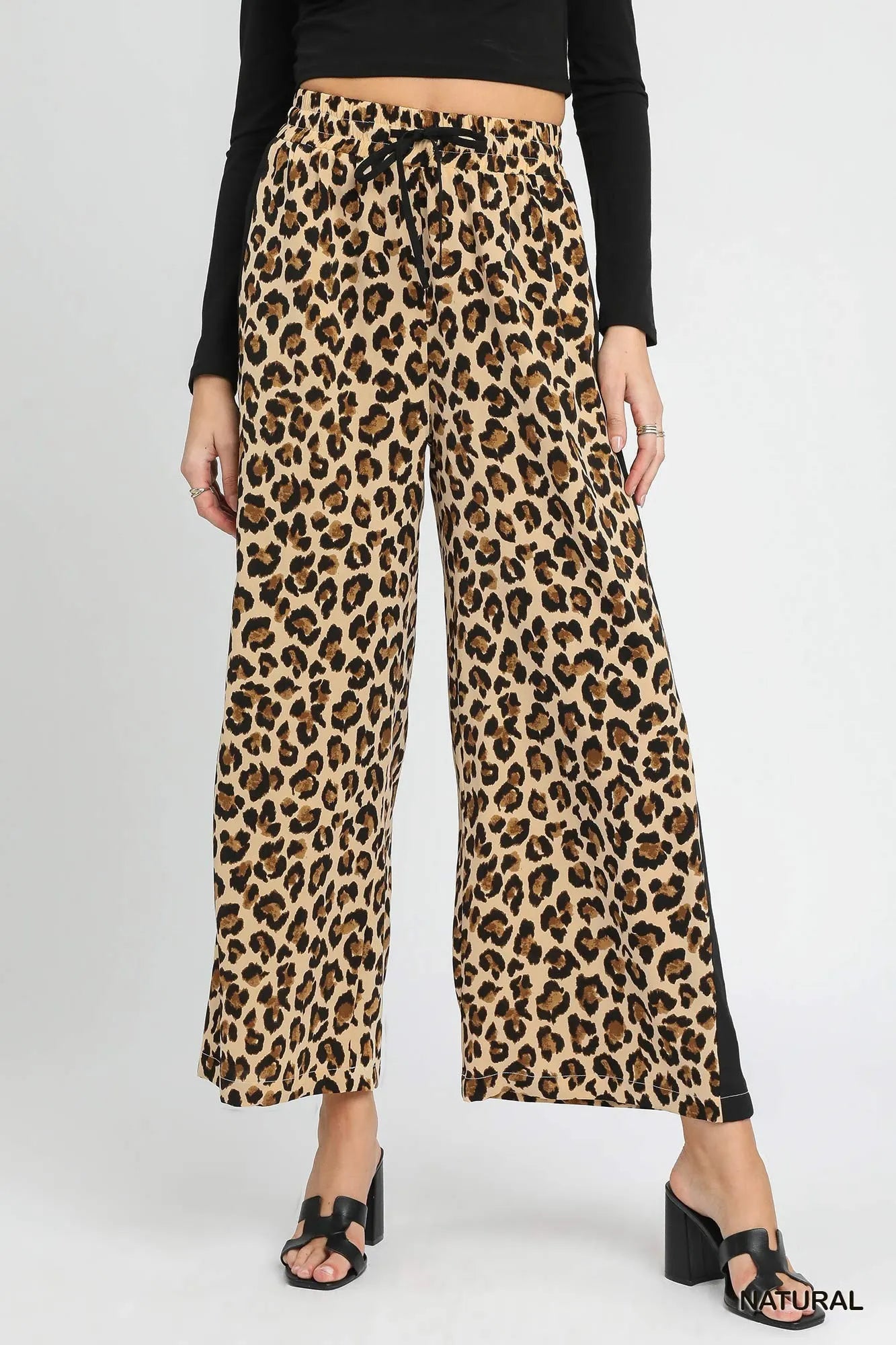 Leopard Print Wide-Leg Drawstring Pants Umgee NATURAL S