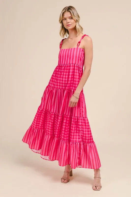 Stripe Tiered Maxi Dress with Colorful Chain Strap So Me