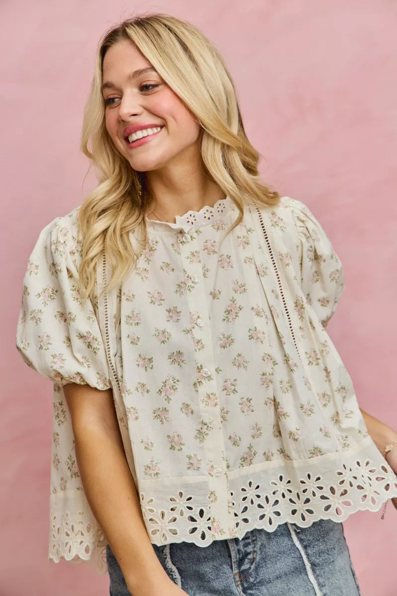 Floral Print Lace Trim Short Sleeves Blouse So Me