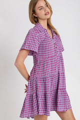 Gingham Tiered Button Detail Short Sleeve Dress Umgee