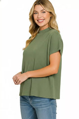 Viscose Mock Neck Short Sleeve Boxy Sweater ZENANA