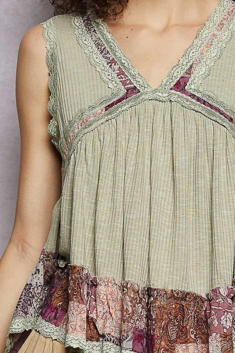 Lace Detail Ruffled Ribbed Sleeveless Top with Floral Pattern Trim Detail POL