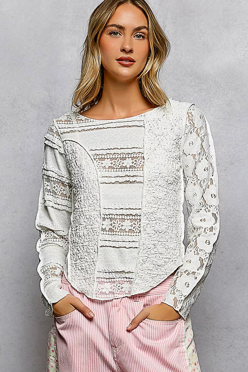 Round Neck Long Sleeve Exposed Seam Top with Lace Detail POL OFF WHITE S