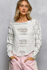 Round Neck Long Sleeve Exposed Seam Top with Lace Detail POL OFF WHITE S