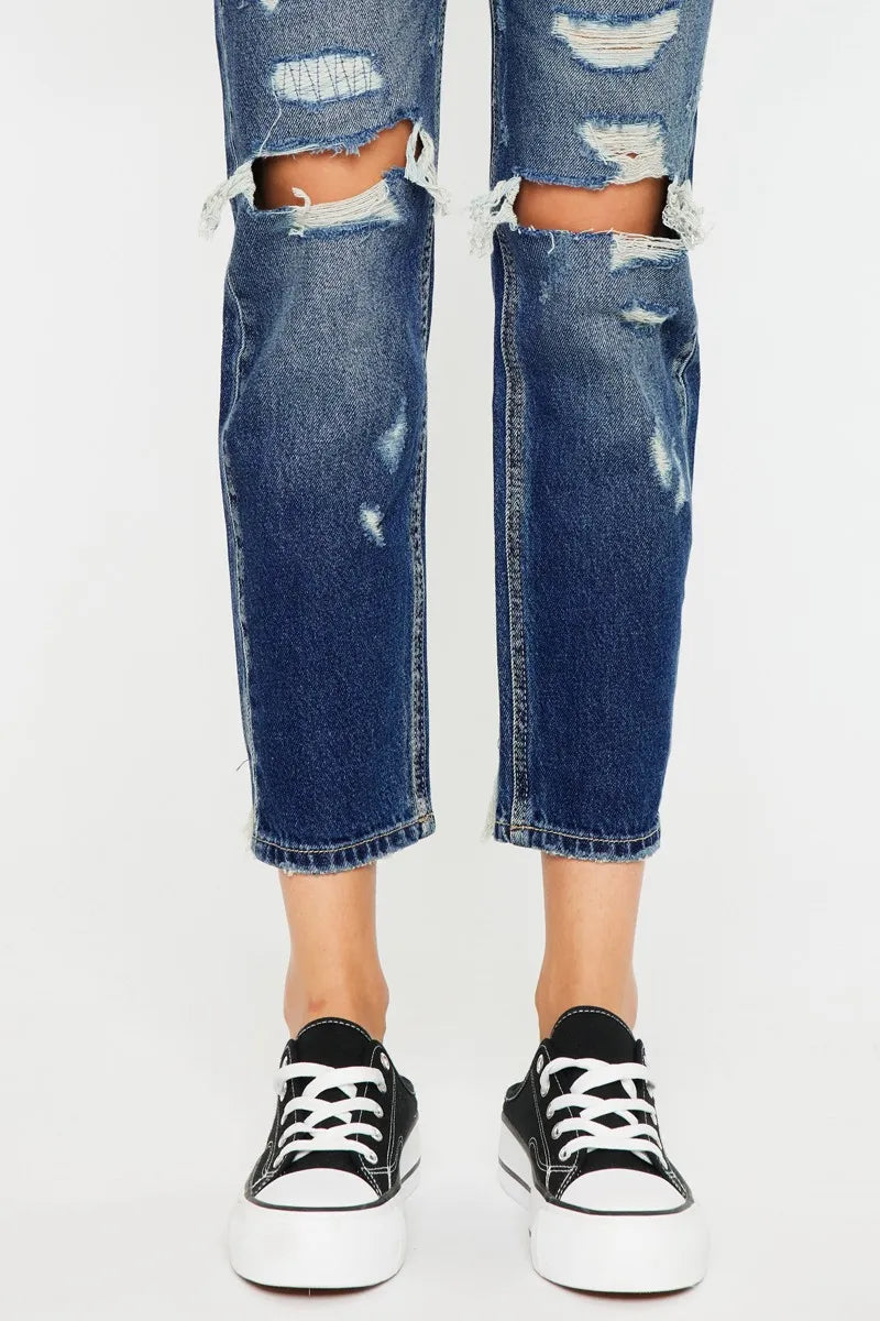 High Rise Distressed Mom Fit Jeans Kancan