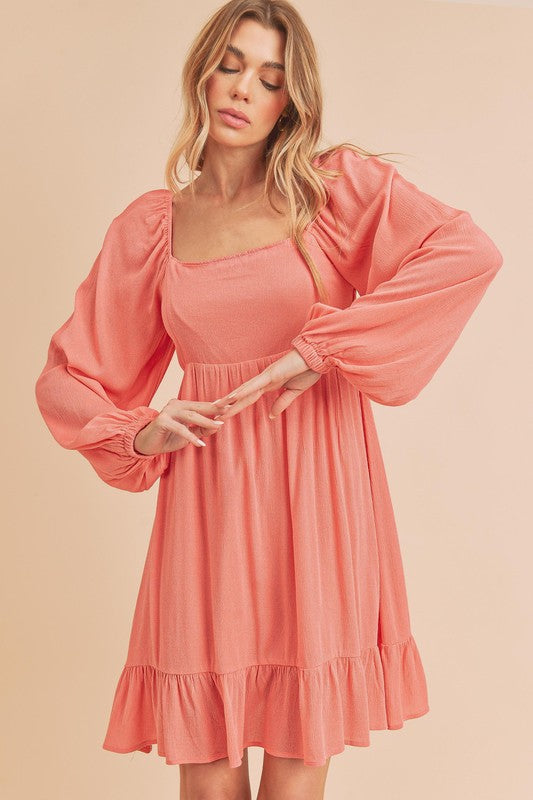 Taya Tiered Puff Sleeve Square Neck Dress Aemi + Co CORAL S 