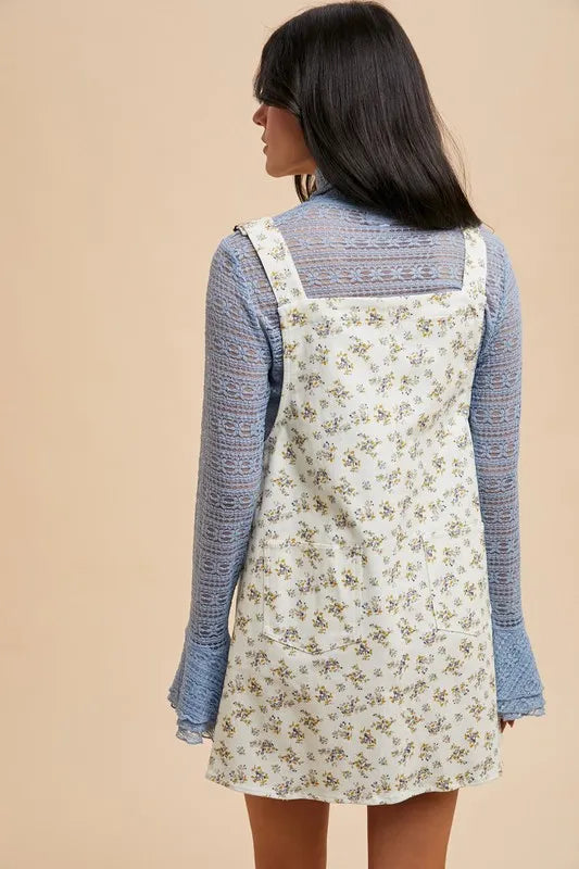Stretch Ditsy Print Denim Overall Mini Dress Annie Wear