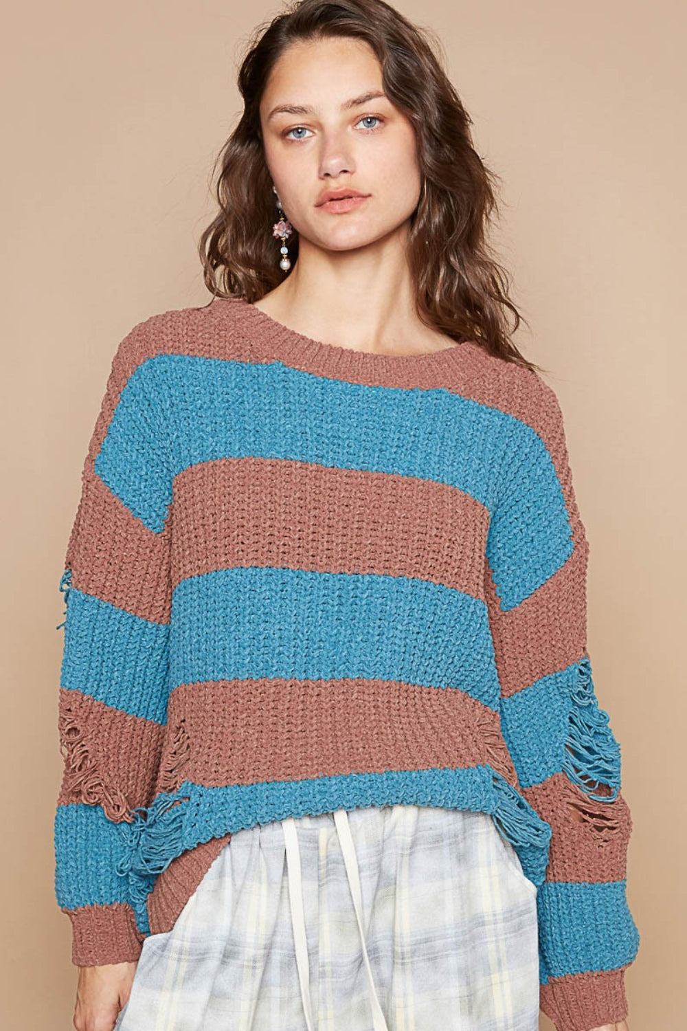 Striped Distressed Long Sleeve Sweater POL Choco/Teal S 