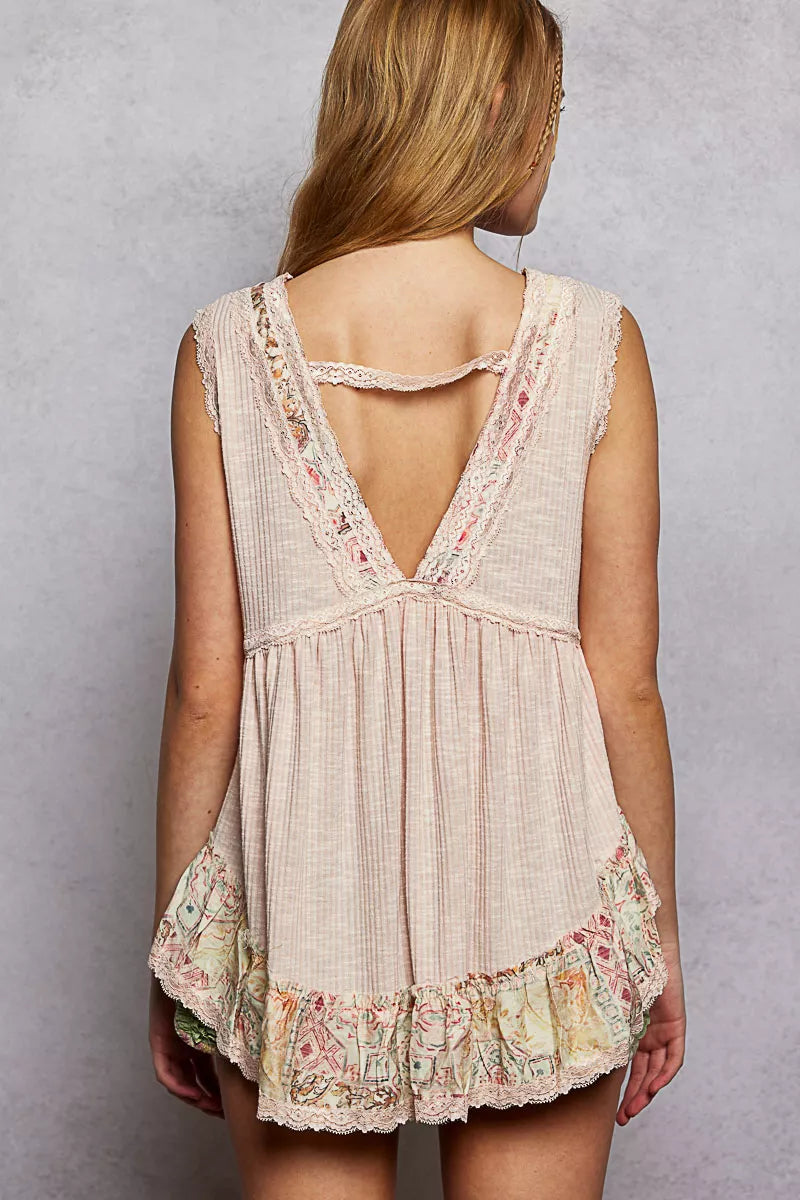 Lace Detail Ruffled Ribbed Sleeveless Top with Floral Pattern Trim Detail POL