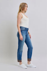 Plaid Print Cuff Straight Leg Jeans with Pockets Judy Blue