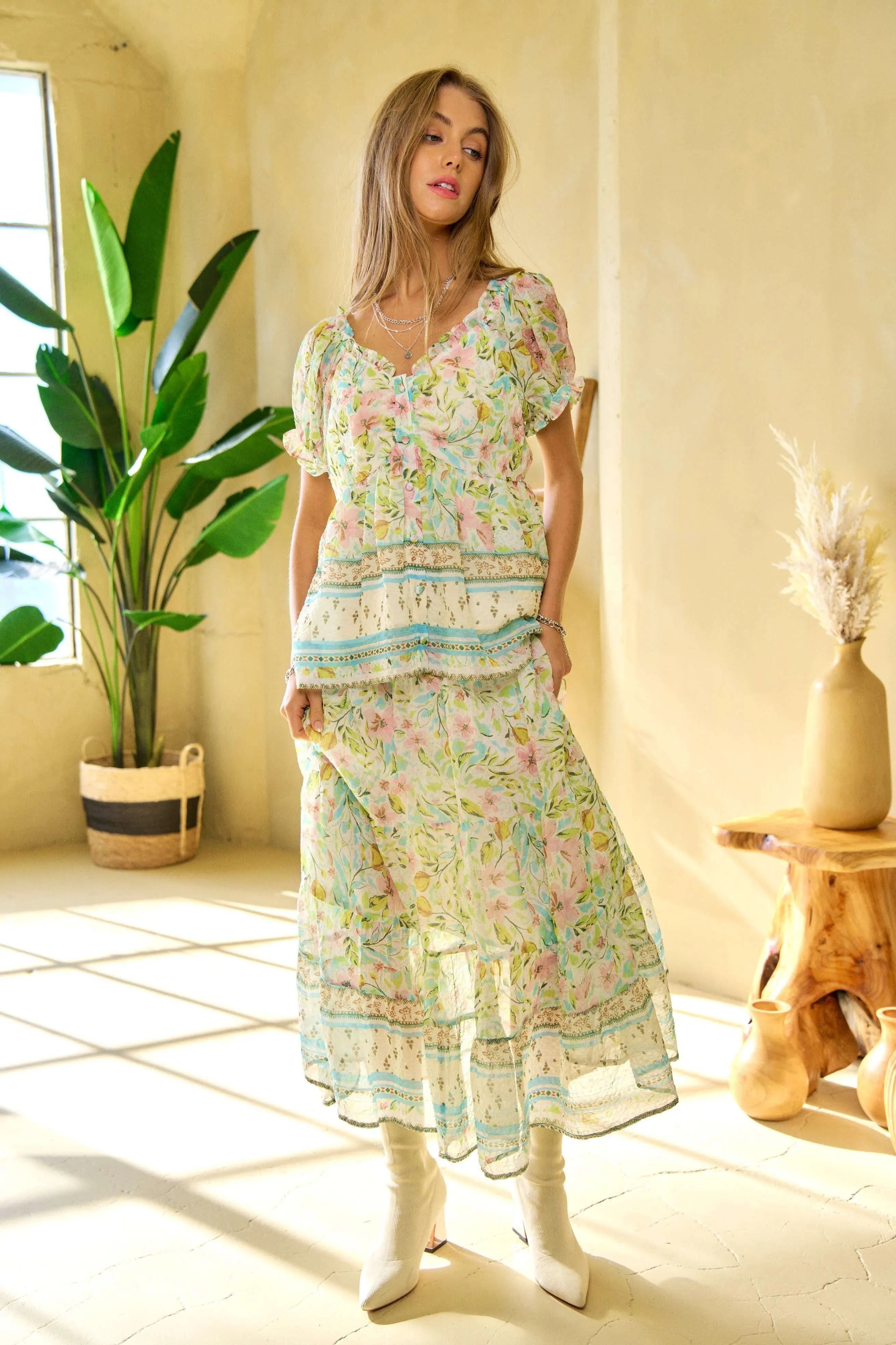 Spring Floral Print Elastic Ruffled Skirt Davi & Dani