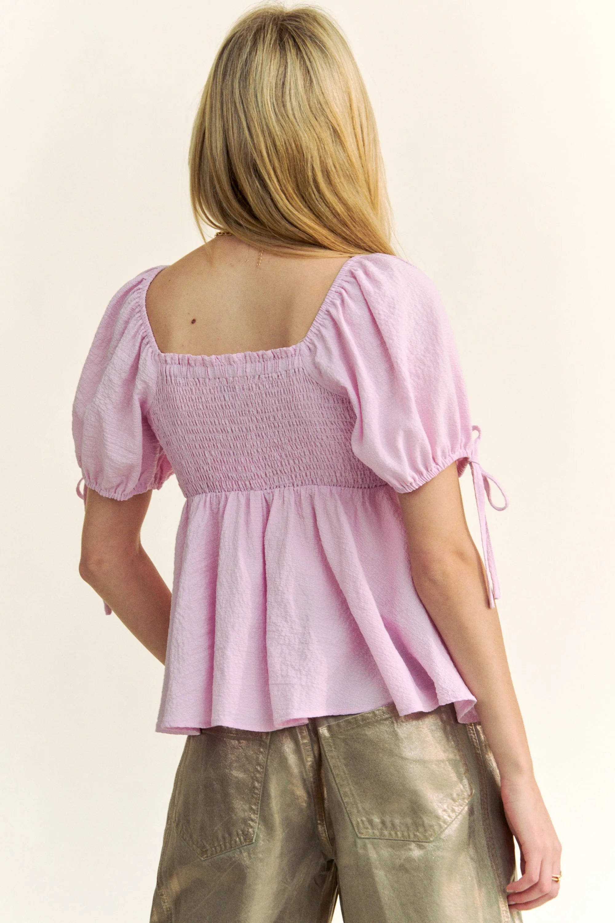 Solid Elastic Peplum Puffed Sleeves Blouse Davi & Dani