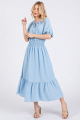 Smocked Elastic Waist Tie Neck Puff Sleeve Dress Ces Femme