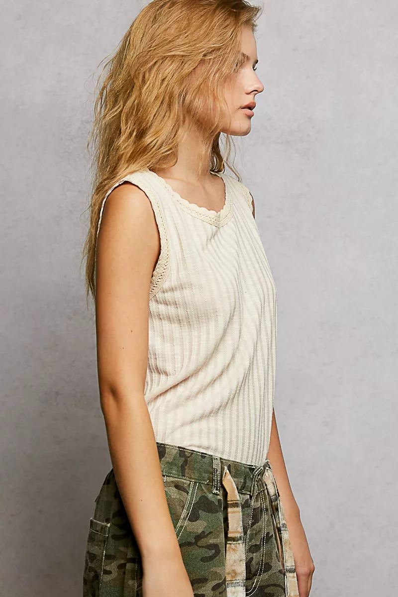 POL Ribbed Round Neck Tank with Lace Trim Trendsi
