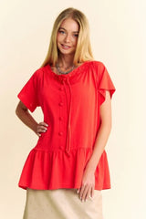 Solid Lace Trim Neck Short Sleeve Peplum Top Davi & Dani
