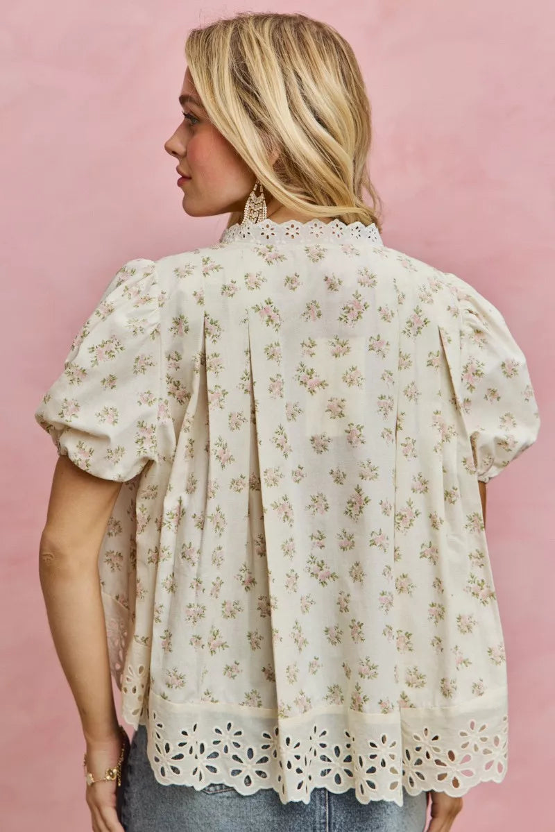 Floral Print Lace Trim Short Sleeves Blouse So Me