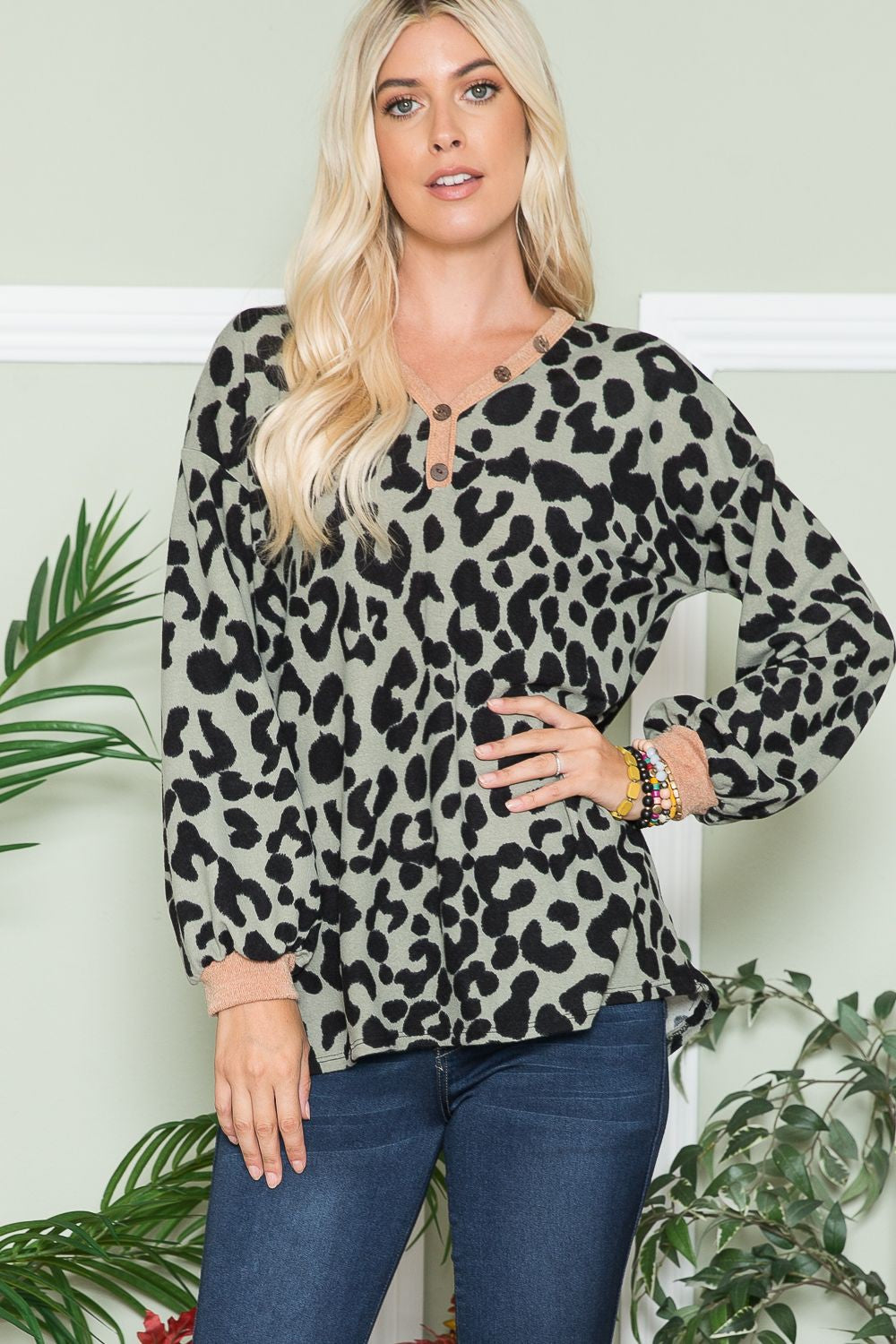 Leopard V-Neck Long Sleeve Blouse Celeste Olive Leopard S 