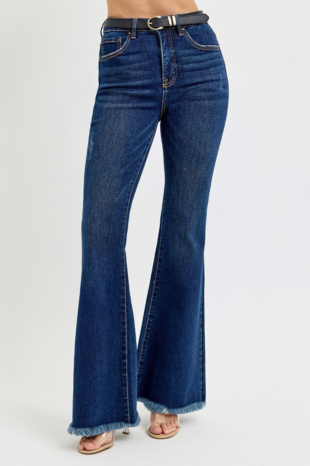 Tummy Control Frayed Hem Flare Jeans Risen   