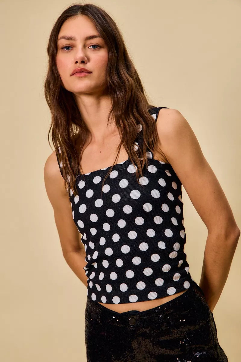 Polka Dot Knit Crop Seamless Casual Tank So Me BLACK/WHITE SM