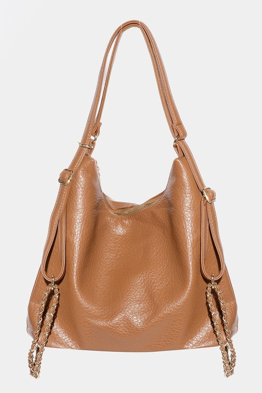 Faux Leather Hobo Bag with Gold Chain Detail Fame Caramel One Size 