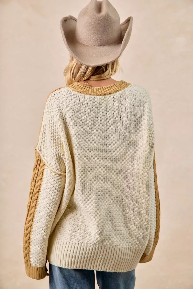 Cable Knit With Hacci Combo Sweater With Uneven Hem Detail BiBi