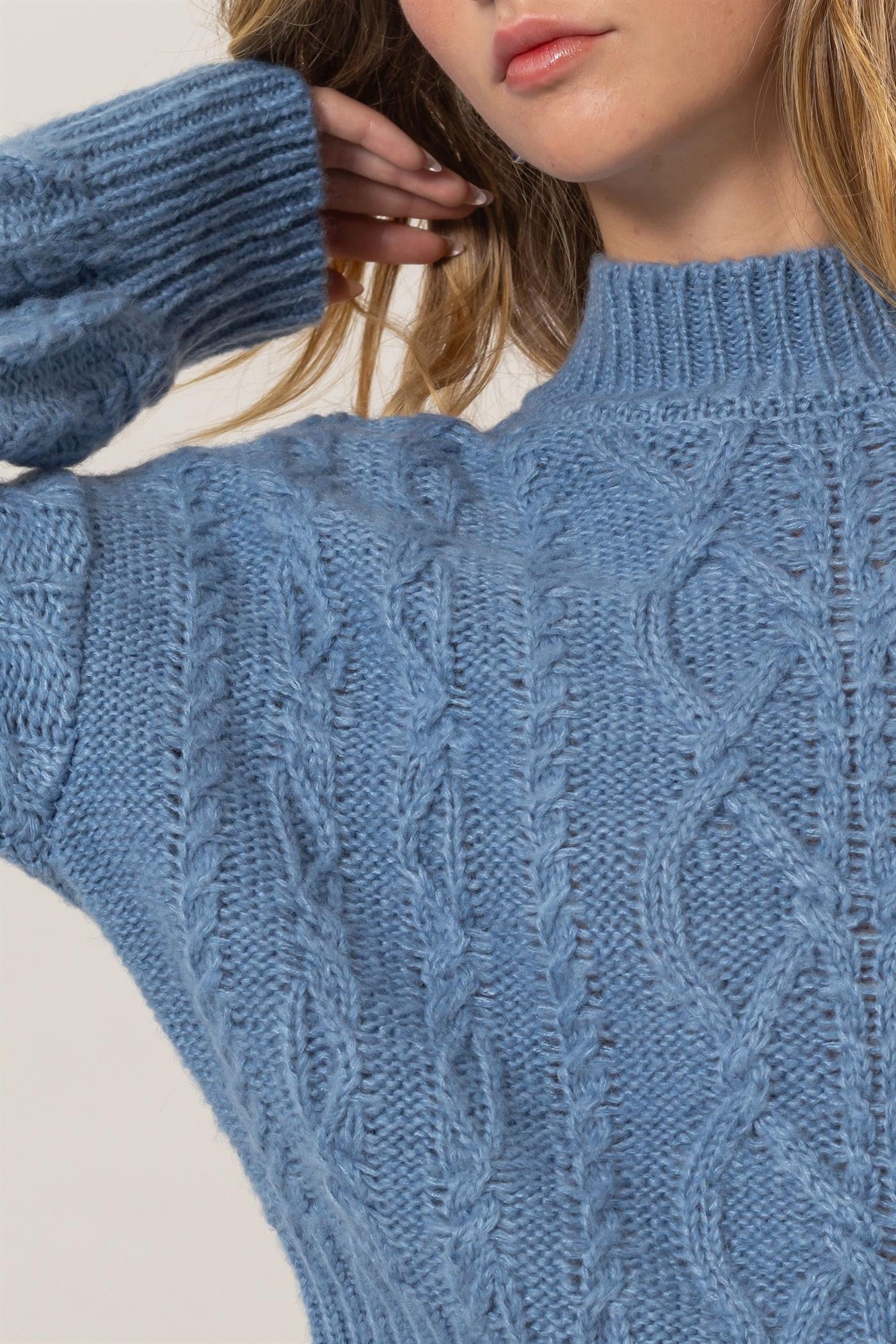 Cable-Knit Mock Neck Dropped Shoulder Sweater HYFVE   