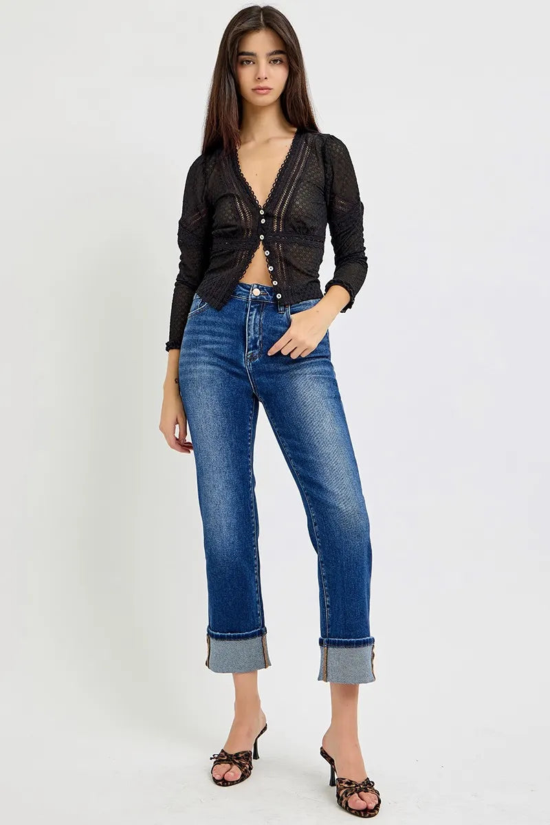 High Rise Ankle Straight Cuffed Jeans With Plus Size Risen