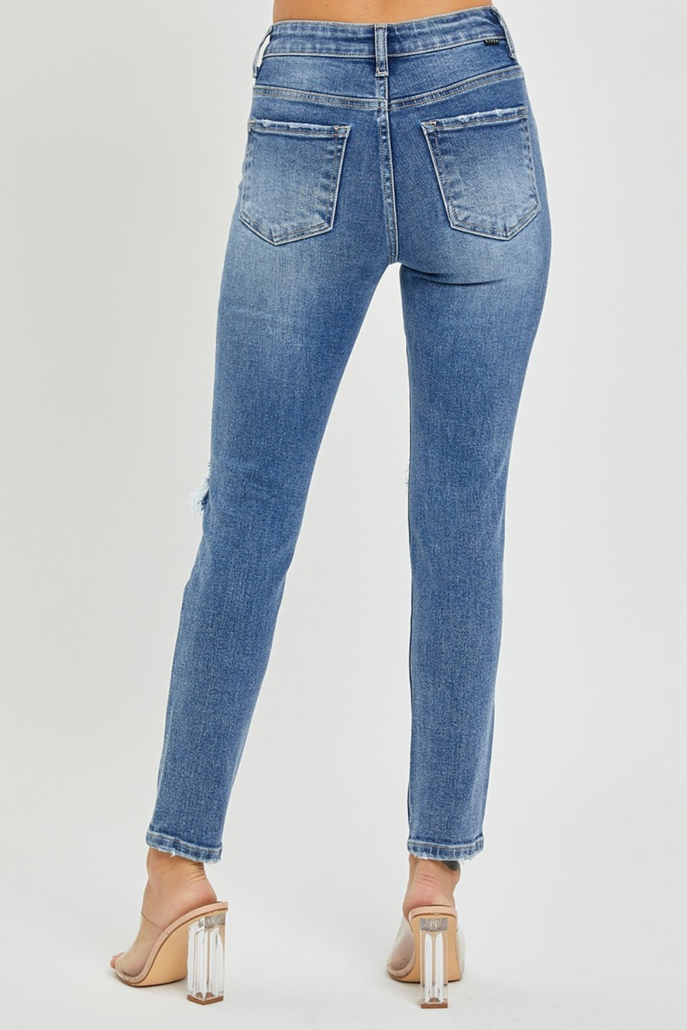 High Rise Medium Wash Knee Distressed Skinny Jeans Risen   