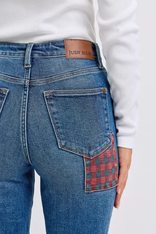 High Waist Plaid Patch Slim Fit Jeans Plus Size Judy Blue