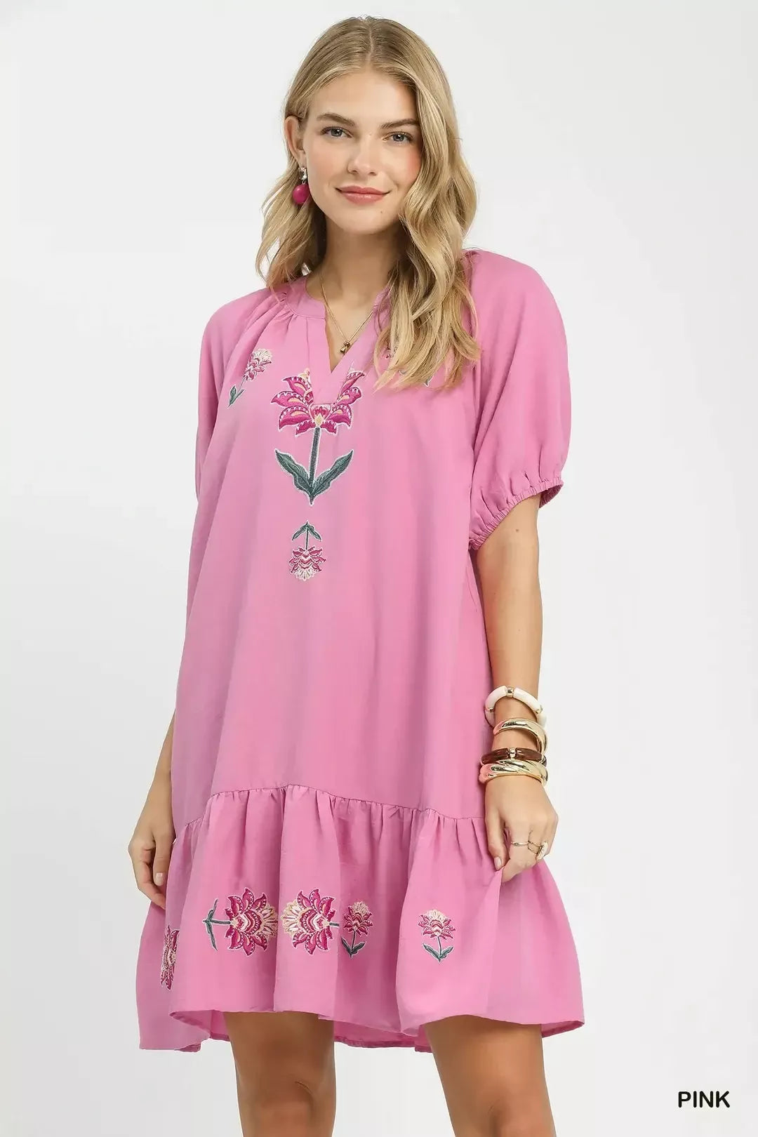 Embroidered Floral Babydoll Dress Umgee PINK S