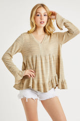 V-Neck Flounce Sleeve Knit Top Hailey & Co Taupe S 