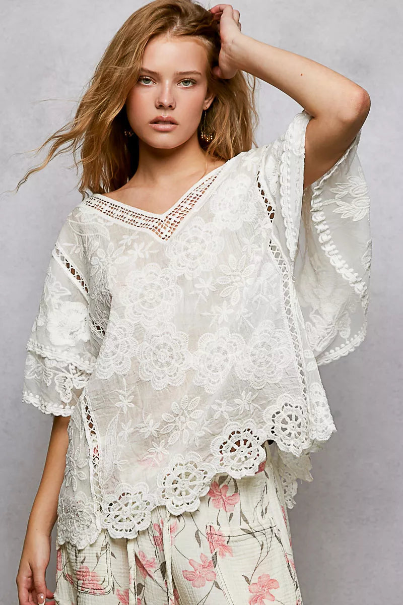 Floral Crochet V-Neck Short Sleeve Blouse with Scalloped Hem POL