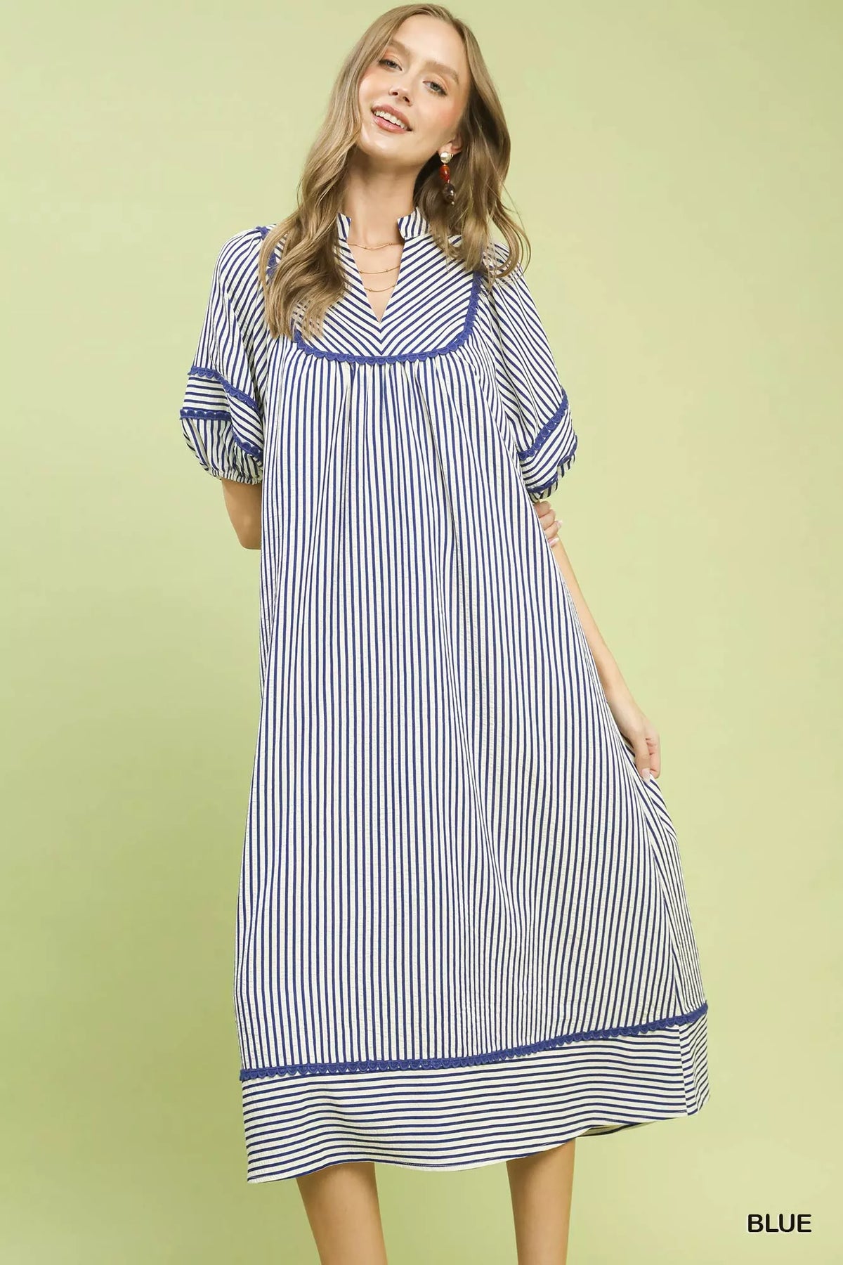 Striped Puff Sleeve Midi Dress Umgee BLUE S