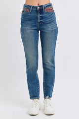 High Waist Plaid Patch Slim Fit Jeans Plus Size Judy Blue MD 0(24)