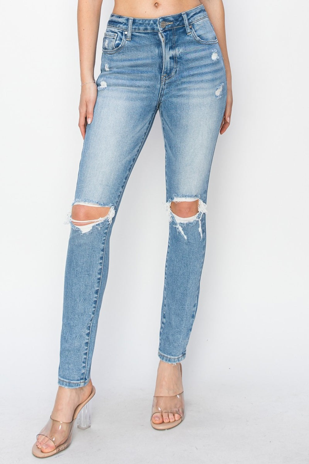 High Rise Knee Distressed Skinny Jeans Risen   