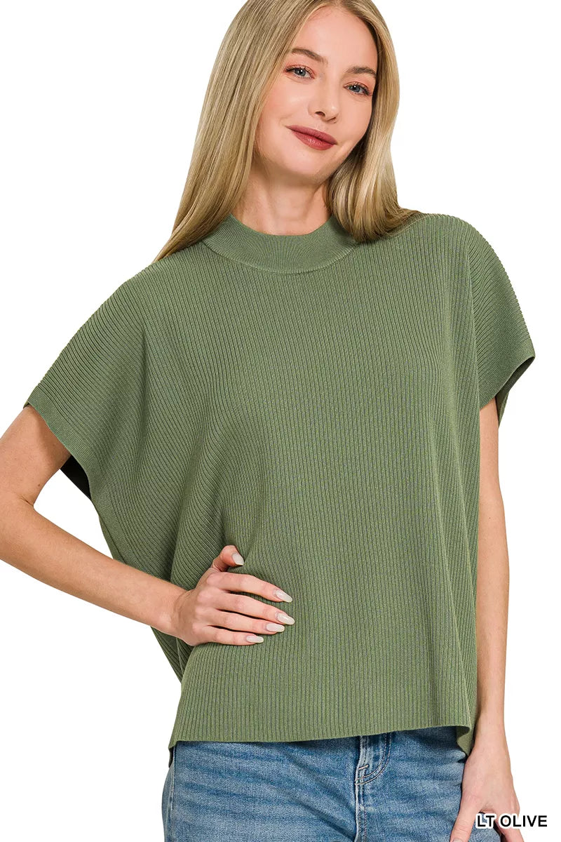 Viscose Mock Neck Short Sleeve Boxy Sweater ZENANA