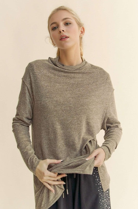 Slit Mock Neck Long Sleeve Top Davi & Dani Taupe S