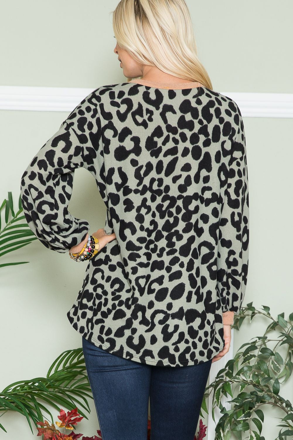 Leopard V-Neck Long Sleeve Blouse Celeste   