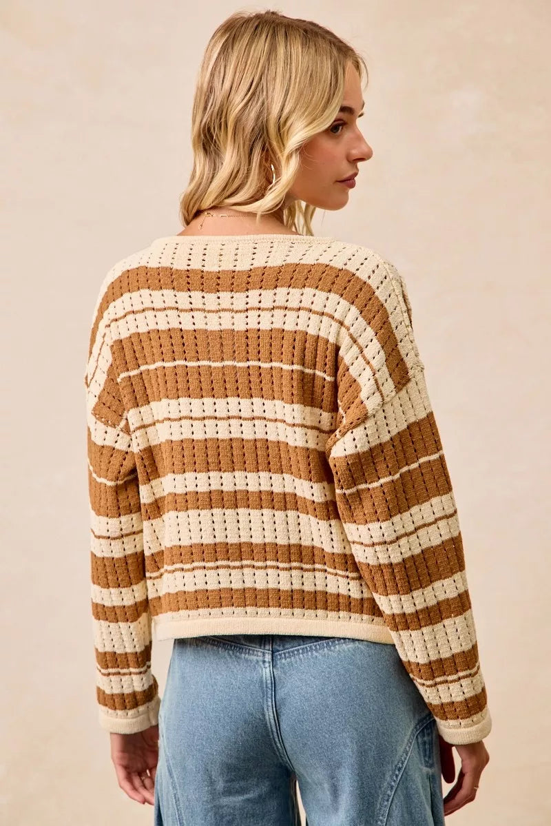Striped Open Knit Sweater Top with Front Braided Detail BiBi