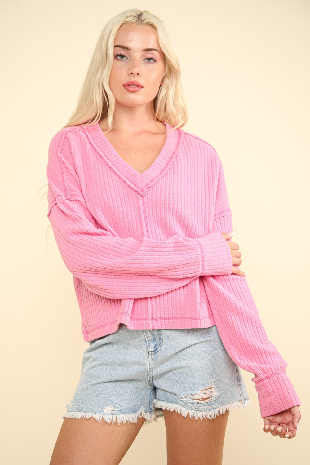 Exposed Seam V-Neck Ribbed Knit Top Very J Pink S 