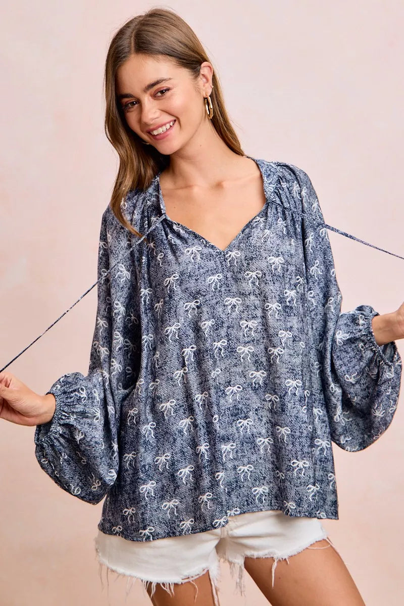 Ribbon Bow Print Exaggerated Balloon Sleeves Top BiBi