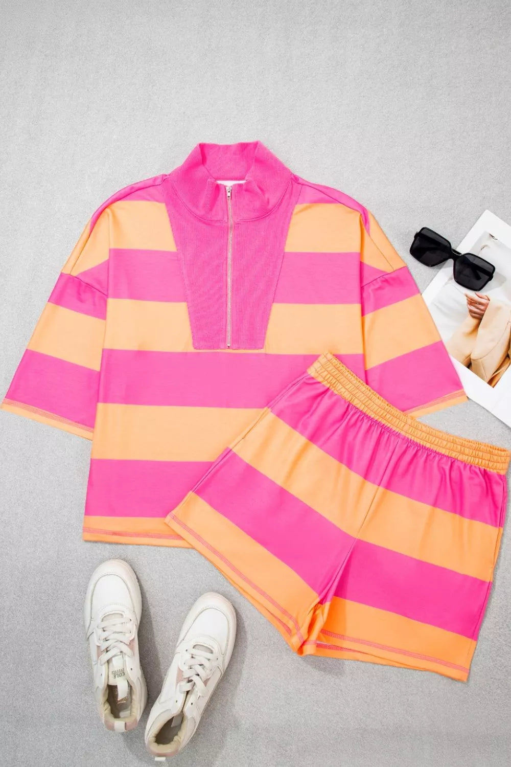 Stripe Long Sleeve Casual Top Drawstring Shorts Set Simmer & Fay