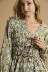 Floral Smocked Peplum Blouse with Tie Detail Umgee
