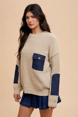 Contrast Round Neck Drop Shoulder Sweater with Patch Pocket Annie Wear