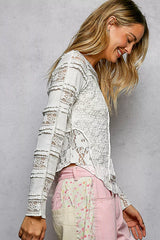 Round Neck Long Sleeve Exposed Seam Top with Lace Detail POL