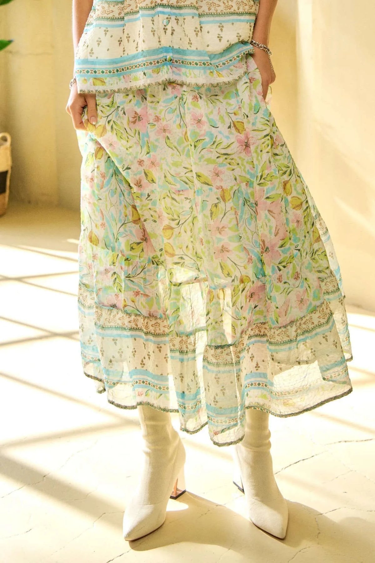 Spring Floral Print Elastic Ruffled Skirt Davi & Dani MINT GREEN S